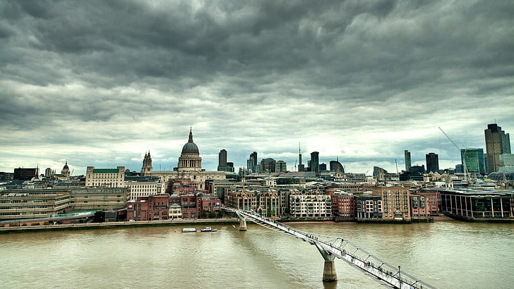 Millennium Bridge, London, England, city, overcast, HD wallpaper