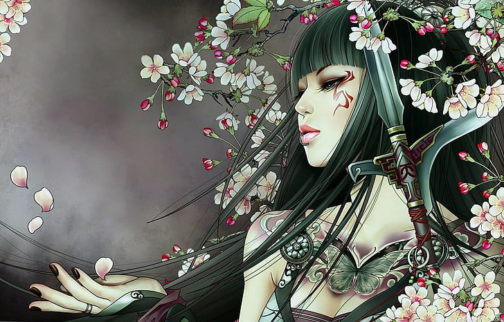 samurai, women, anime girls, painted nails, anime, flowers, dark hair, HD wallpaper