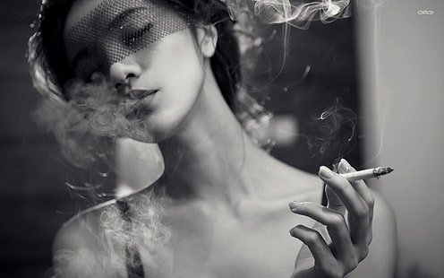 femmes, fumer, cigarettes, monochrome, voiles, yeux fermés, asiatique, Fond d'écran HD HD wallpaper