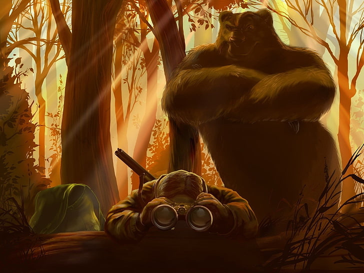 brown bear facing man using binoculars illustration, humor, dark humor, nature, landscape, digital art, men, hunter, Grizzly bear, trees, forest, sun rays, binoculars, animals, bears, artwork, HD wallpaper