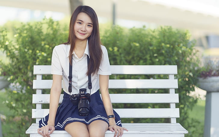 asian women, smiling, cute, sitting, bench, camera, brown hair, Girls, HD wallpaper