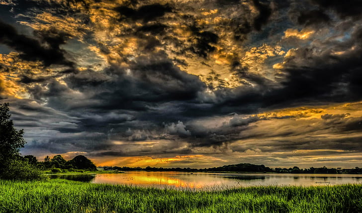 body of water below gray clouds, End of days, body of water, gray, clouds, landscape, dramatic, sky, stormy, hdr, nature, sunset, cloud - Sky, outdoors, reflection, summer, scenics, water, dusk, beauty In Nature, HD wallpaper
