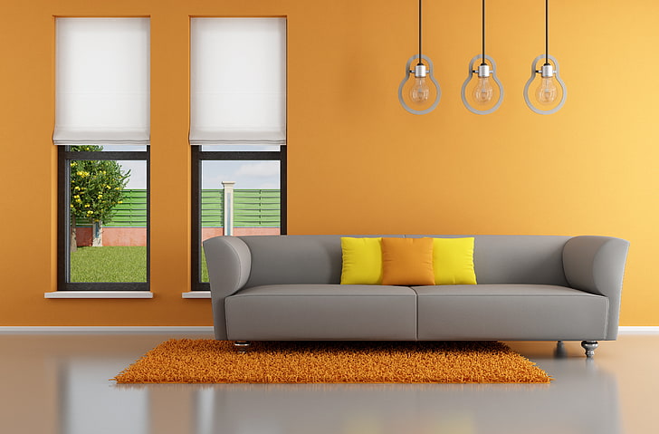 серый тканевый диван, оранжевый, диван, интерьер, подушка, окно, гостиная, диван, подушки, минимализм, стильный дизайн, минималист, HD обои
