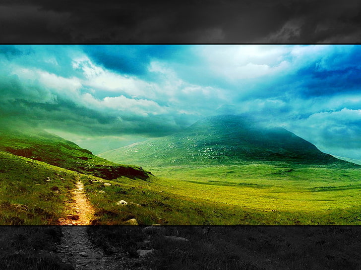 mountain field, greens, grass, clouds, landscape, mountains, nature, style, widescreen, HD wallpaper