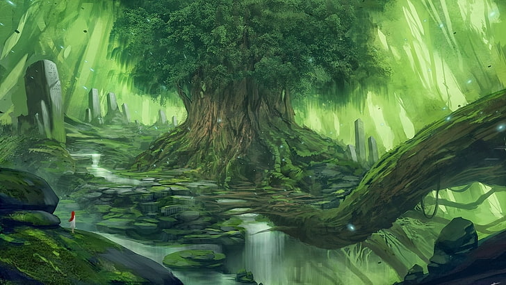 ilustrasi pohon berdaun hijau, seni fantasi, anime, Wallpaper HD