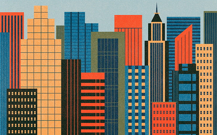illustrazione di edificio beige, rosso, blu e multicolore, arte digitale, minimalismo, geometria, piazza, costruzione, grattacielo, paesaggio urbano, Sfondo HD