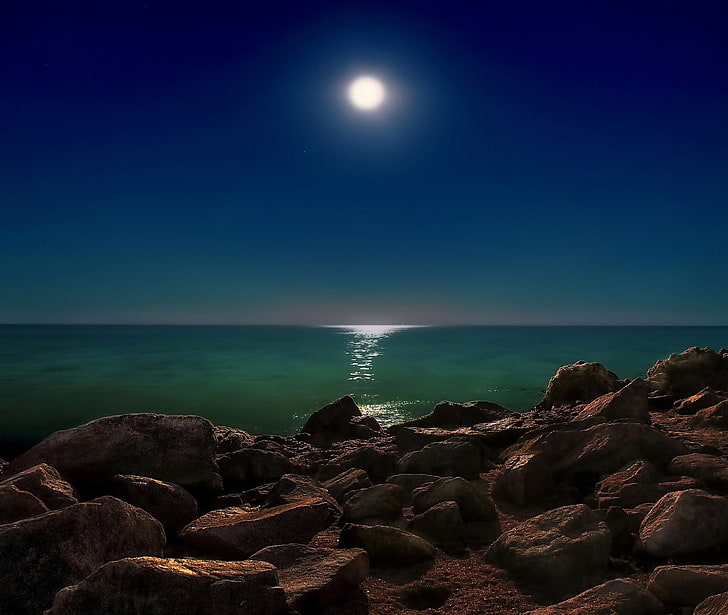 lote de roca marrón, paisaje, naturaleza, fotografía, rocas, mar, luna, noche estrellada, luz de la luna, costa, calma, Fondo de pantalla HD