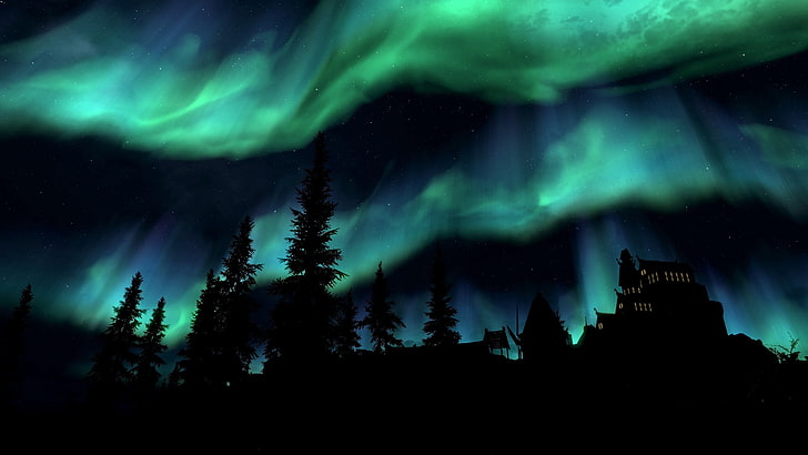 ภาพเงาของต้นไม้ Elder Scrolls V: Skyrim, วิดีโอเกม, แสงออโรร่า, สีฟ้า, สีเขียว, กลางคืน, ดวงดาว, วอลล์เปเปอร์ HD