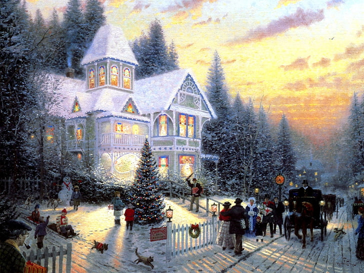 白の3階建ての家の絵、猫、子供、ライト、人々、滞在、馬、犬、写真、食べた、クリスマス、プレゼント、新年、ワゴン、コーチ、雪だるま、木、散歩、絵画、そり、楽しい、休日、おめでとう、トーマスキンケード、お祝い、コテージ、ビクトリア朝のクリスマス、クリスマスツリー、 HDデスクトップの壁紙