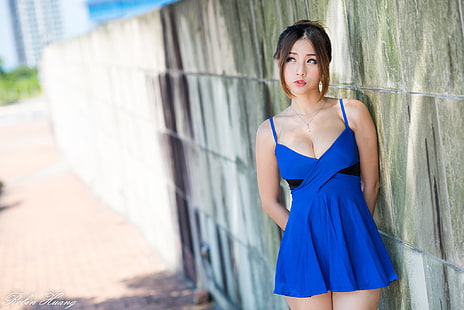 blue dress, women outdoors, Asian, women, HD wallpaper HD wallpaper