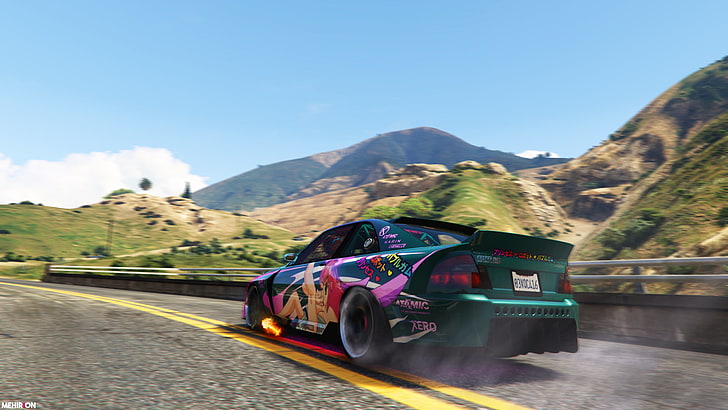 green and pink coupe, Grand Theft Auto V, Rockstar Games, Japanese cars, anime girls, landscape, Gamer, Grand Theft Auto, GTA5, SultanRS, fire, HD wallpaper