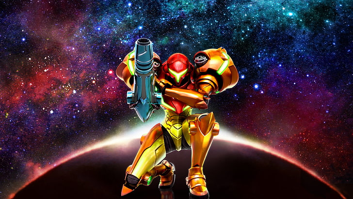 red and yellow robot kneeling while holding weapon wallpaper, Metroid, Samus Aran, Metroid: Samus Returns, HD wallpaper