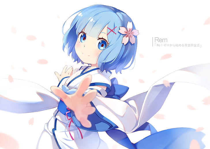 rem: zero, rem, smiling, kid, japanese clothes, petals, Anime, HD wallpaper