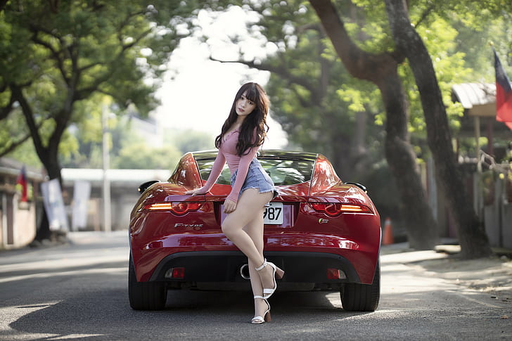 Asian, women, model, brunette, looking at viewer, long hair, cleavage, pink tops, jean shorts, high waisted short, heels, women with cars, car, red cars, luxury cars, Jaguar F-Type, outdoors, women outdoors, HD wallpaper