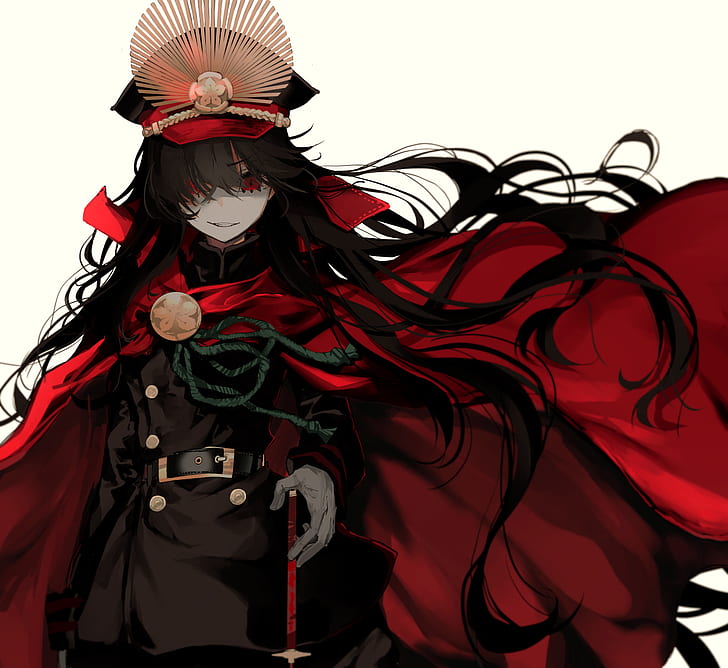 anime, anime girls, fond simple, Série Fate, Fate / Grand Order, cheveux noirs, yeux rouges, Oda Nobunaga (Fate / Grand Order), cheveux longs, Fond d'écran HD