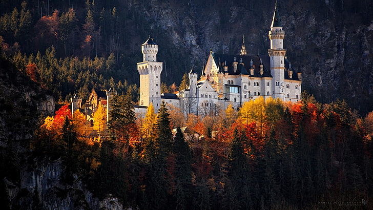 природа, ориентир, замок, лес, осень, дерево, здание, туристическая достопримечательность, зима, замок Нойшванштайн, Германия, Европа, Бавария, HD обои