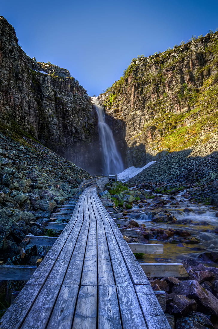 photo graphed of waterfalls near wood bridge, Way, shower, photo, wood, bridge, fulufjället  national park, outdoor, spring  water, waterfall, path, rocks, cliffs, Nikon D7000, dalarna, Sweden, nature, mountain, landscape, river, water, outdoors, scenics, rock - Object, forest, stream, travel, beauty In Nature, HD wallpaper