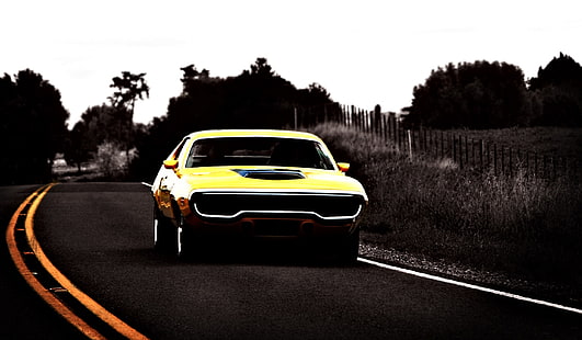 żółty i czarny muscle car, pojazd, samochód, muscle cars, Plymouth GTX, Tapety HD HD wallpaper
