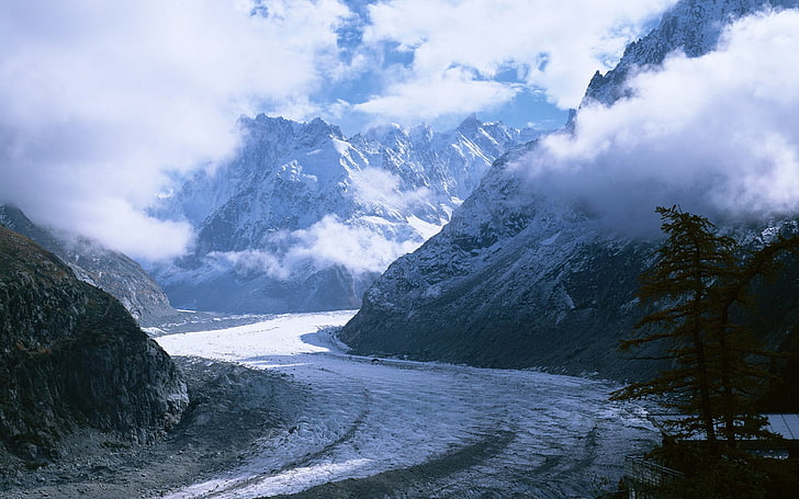 landscape, mountains, glacier, ice, snow, clouds, HD wallpaper