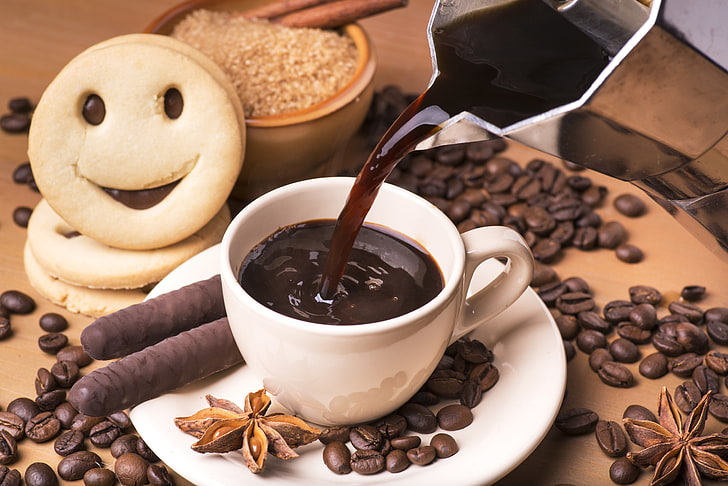 café et biscuits, humeur, café, biscuits, boisson, cannelle, bâtons de chocolat, Anis, une tasse de café, grain de café, Fond d'écran HD