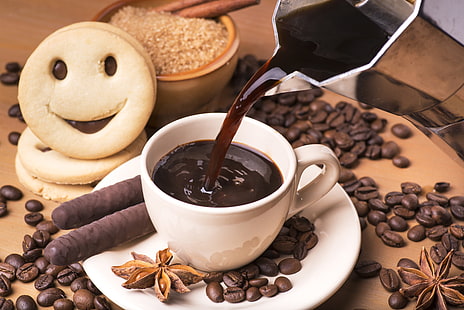 kaffee und kekse, stimmung, kaffee, kekse, getränk, zimt, schokoladenstangen, anis, eine tasse kaffee, kaffeebohne, HD-Hintergrundbild HD wallpaper