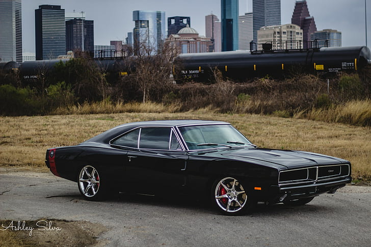 black Dodge Charger coupe, Dodge, Dodge Charger, muscle cars, watermarked, HD wallpaper