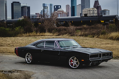 black Dodge Charger coupe, Dodge, Dodge Charger, muscle cars, watermarked, HD wallpaper HD wallpaper