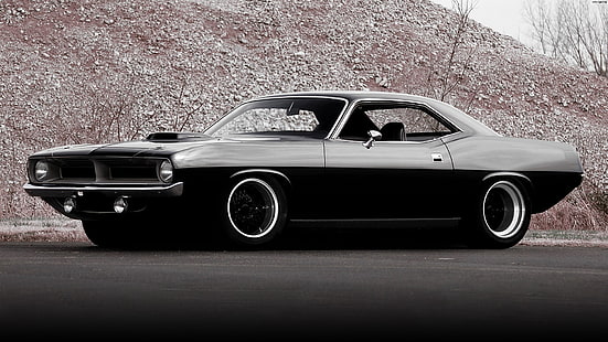 black Dodge Challenger coupe, car, muscle cars, Plymouth, Hemi Cuda, Plymouth Hemi Cuda, HD wallpaper HD wallpaper
