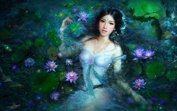 Красивая азиатская девушка в бассейне лотоса, женщина в реке с лилиями cgi, Красивая, Азиатка, Девушка, Лотос, Бассейн, HD обои
