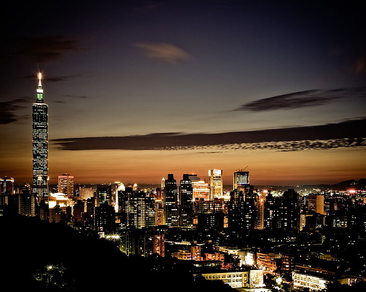 Taipei, città, luci della città, paesaggio urbano, tramonto, grattacielo, Sfondo HD