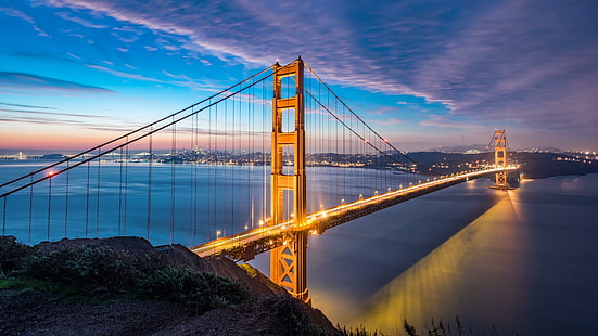 мост на златната порта, мост, забележителност, небе, Сан Франциско, Калифорния, САЩ, хоризонт, зора, сутрин, HD тапет HD wallpaper