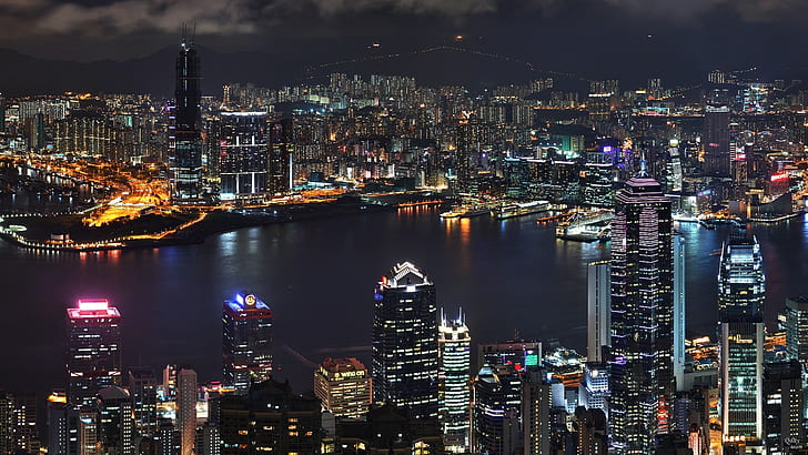 Asia Hong Kong Skyscrapers River Pemandangan Atas Lampu Malam Ultra 3840 × 2160 Hd Wallpaper 850627, Wallpaper HD