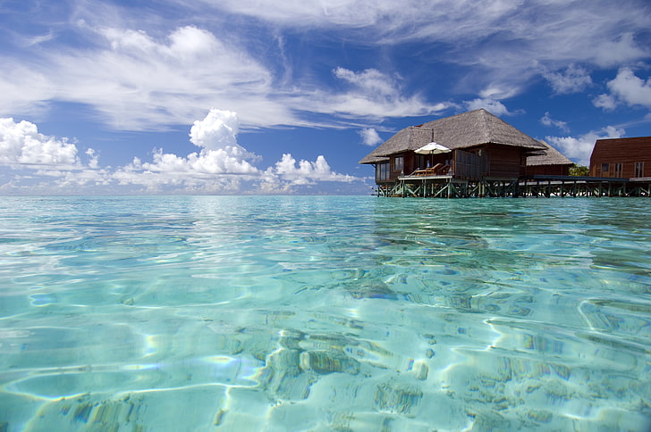 capanna nipa marrone, natura, oceano, soggiorno, relax, Maldive, esotiche, isole Maldive, Sfondo HD