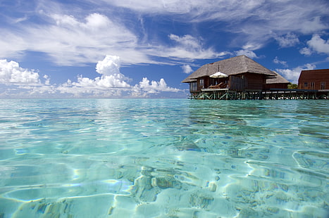 marron nipa hut, nature, océan, séjour, détente, Maldives, exotique, îles Maldives, Fond d'écran HD HD wallpaper