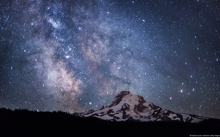 Mount Hood über dem Galaxy-Windows Theme Wallpaper, weißer und schwarzer Berg, HD-Hintergrundbild