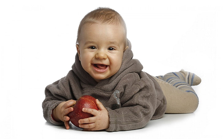 baby's brown pullover hoodie, child, baby, apple, funny, HD wallpaper
