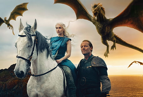 Daenerys Targaryen i Mormont, Gra o tron, Daenerys Targaryen, Emilia Clarke, Jorah Mormont, Iain Glen, Smoki, Tapety HD HD wallpaper