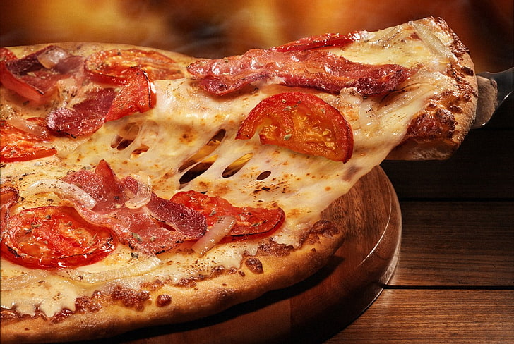 baked pizza on wooden tray, pizza, HD wallpaper