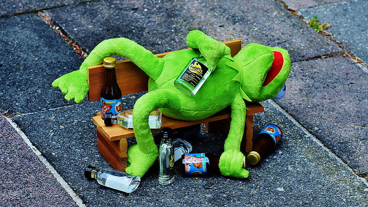 Kermit la grenouille, grenouille, jouet, textile, ivre, peluche, boisson, Fond d'écran HD