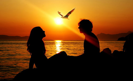 Coppia romantica tramonto, silhouette di uomo e donna, vacanze, San Valentino, spiaggia, amore, tramonto, sfondo, silhouette, coppia, romantico, amanti, giorno di san valentino, Sfondo HD HD wallpaper