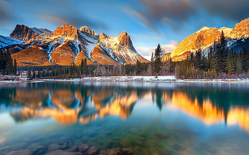 Kanada, Alberta, Canmore, sjö, berg, träd, morgon, sjö nära berg, Kanada, Alberta, Canmore, sjö, berg, träd, morgon, HD tapet HD wallpaper