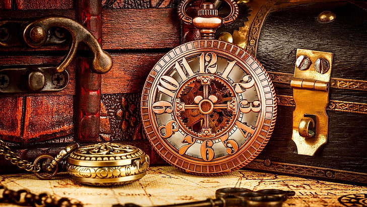 antique, wood, clock, treasure, pocket watch, watch, vintage, map, still life, time, HD wallpaper