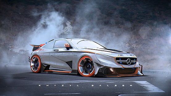 weiß und orange Mercedes-Benz Coupé, Kunstwerk, Auto, Khyzyl Saleem, Mercedes-Benz C63 AMG, HD-Hintergrundbild HD wallpaper