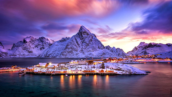 lofoty, góry, góry, śnieg, zima, światła miasta, miasto, Tapety HD HD wallpaper