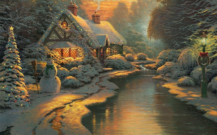 riverside cabin illustration, Christmas, postcard, Thomas Kinkade, snowman, cottage, stream, Christmas Tree, winter, painting, HD wallpaper