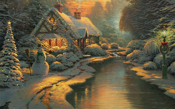Christmas Tree, cottage, Christmas, snowman, painting, postcard, stream, winter, Thomas Kinkade, HD wallpaper