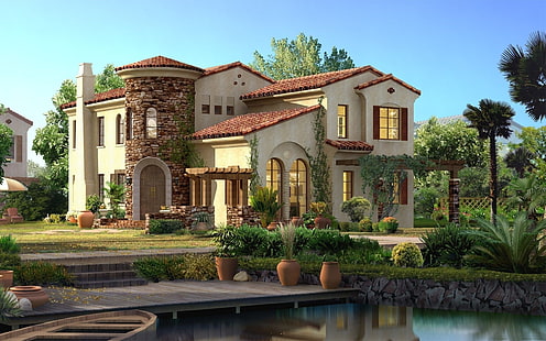 къща, заден двор, растения, басейн, архитектура, 3D, HD тапет HD wallpaper
