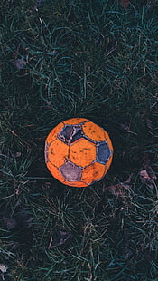 оранжева и сива футболна топка, футболна топка, футбол, стар, трева, иней, HD тапет HD wallpaper
