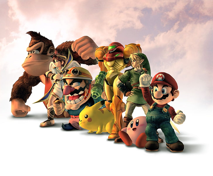 Ilustración de Smash Bros., Super Smash Bros., Super Smash Bros. Brawl, Donkey Kong, Kirby, Link, Mario, Nintendo, Pikachu, Samus Aran, Wario, Fondo de pantalla HD