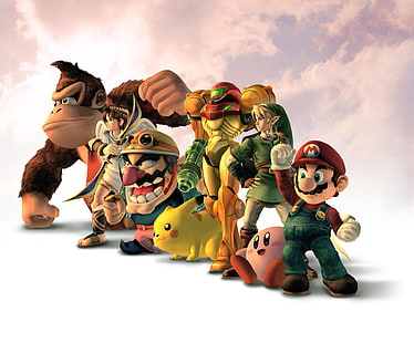 Smash Bros. illustration, Super Smash Bros., Super Smash Bros. Brawl, Donkey Kong, Kirby, Link, Mario, Nintendo, Pikachu, Samus Aran, Wario, HD wallpaper HD wallpaper